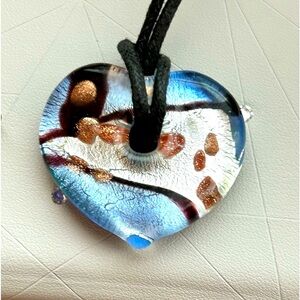 💙 Stunning Exquisite Rare Venetian Murano Glass Heart Pendant with Leather Chain